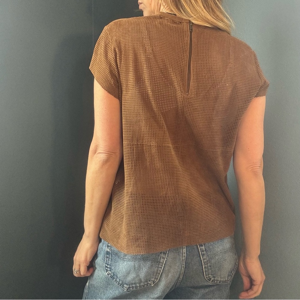 Muubaa Brown Suede Perforated Short Sleeve Top size 10 - Picture 3 of 7